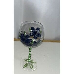 Country Garden Blue Flower Hand Painted Wine Glass Globet 9” Tall